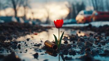 Red tulip growing in mud with bullet casings in foreground, copy space photo