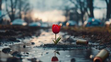Vibrant red tulip growing in mud with bullet casings in foreground, with copy space photo