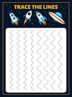 Tasks for children to develop motor skills and writing with comic rockets. Draw the lines vector