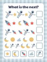 Logic and thinking tasks for children. What's next. Space adventures vector