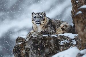 Agile Snow Leopard Camouflaged in a Snowy Mountain Landscape photo