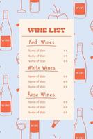 Wine list menu in doodle style. Red, white and rose wines for restaurants vector