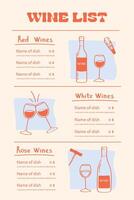 Wine list menu template with hand drawn doodle style illustrations of red, white and rose wines for restaurants vector