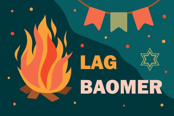 Lag baomer holiday concept, banner or greeting card. Jewish holiday. Bonfire, text, flags and star of David. illustration