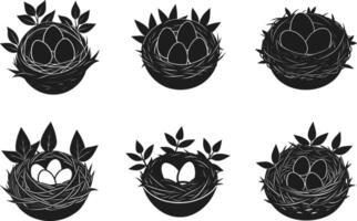 Set of Bird Nest Silhouettes with Eggs - Spring Wildlife Collection vector