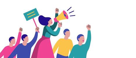 A flat-style illustration of a protest scene featuring a woman with a megaphone, and a group of activists holding signs and raising fists, with a copy space. Ideal for websites, articles, posters. vector