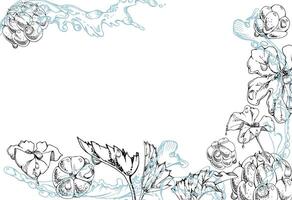 Cloudberry raspberry flying in wave water splashes with drops, hand drawn ink, ripe line forest berry and leaves. Border frame illustration for restaurant, cafe menu, wedding, farmers market vector