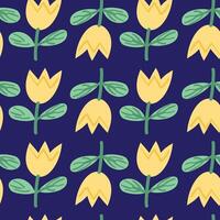 Navy background with a repeating pattern of yellow flowers and green stems, ideal for bold floral-themed decor and crafts. vector
