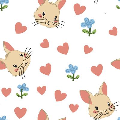 White background with a scattered pattern of bunny faces, blue flowers with green stems, and pink hearts, ideal for cute Easter or spring decor.