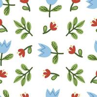 White background featuring blue and red flowers with green stems in a scattered pattern, perfect for nature-inspired designs. vector