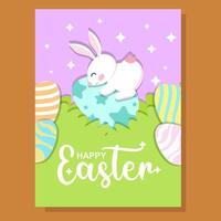 A cute Easter greeting card featuring a happy bunny on a decorated egg, surrounded by colorful Easter eggs and grass. The pastel background with stars adds a festive and joyful touch. vector
