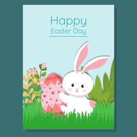 Cute Easter greeting card with a white bunny hugging an egg around flowers, and grass. Soft pastel colors create a festive and joyful holiday atmosphere. vector