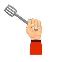 A hand holding a spatula and a fork vector