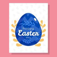 Elegant Easter card featuring a decorative blue egg with botanical elements on a white patterned background. Perfect for holiday greetings, invitations, and festive decorations. vector