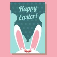 Cute Easter greeting card featuring bunny ears with a pink bow. Happy Easter text is placed on a dark teal polka dot background with decorative cloud like elements. vector