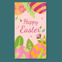 A vibrant Easter card with colorful eggs, blooming flowers, buzzing bees, and lush greenery. The cheerful Happy Easter message adds to the festive spring celebration atmosphere. vector