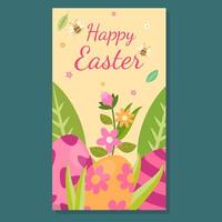 A cheerful Easter card with floral-patterned eggs, blooming flowers, and buzzing bees. The warm pastel tones and Happy Easter text create a festive and joyful springtime celebration design. vector