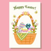 Easter greeting card with a festive basket filled with colorful eggs, flowers, and butterflies. Happy Easter text in a cheerful font enhances the joyful holiday theme. vector