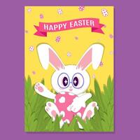 A cheerful Easter card with a cute bunny in glasses holding a pink egg with heart patterns, surrounded by green grass. A Happy Easter banner and eggs decorate the bright yellow background. vector