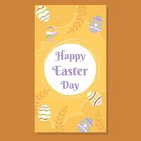 Festive Easter card with a warm yellow background, decorated with colorful eggs and botanical elements. Features Happy Easter Day in elegant typography. Ideal for holiday greetings and invitations. vector