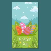 A festive Easter card featuring colorful decorated eggs in lush green grass with a scenic mountain backdrop. The cheerful Happy Easter Day message enhances the joyful spring celebration theme. vector