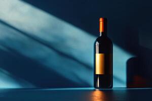 A Single Wine Bottle Against a Blue Background with Sunlight photo