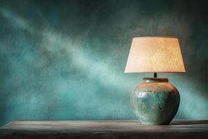 A Ceramic Lamp with a Fabric Shade on a Wooden Table Against a Teal Wall photo