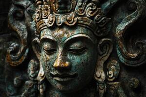 Close-up of an Ancient Stone Sculpture of a Face with Intricate Detailing photo