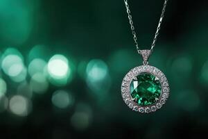 Silver Chain Necklace with Large Emerald Gemstone Pendant photo