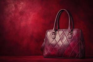 A Burgundy Leather Handbag on a Red Background photo