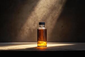 Glass Bottle with Amber Liquid in a Sunbeam on a Concrete Surface photo