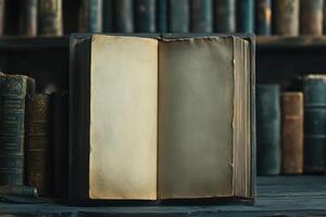 Open Antique Book with Blank Pages on Wooden Table photo