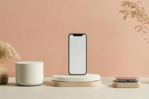 A smartphone on a white and beige podium against a peach wall photo