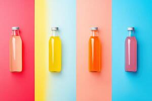 Four Glass Bottles of Colorful Liquid on a Multicolored Background photo