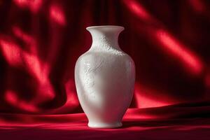 White Porcelain Vase with Floral Design on Red Satin Fabric photo