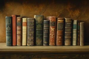 A Row of Antique Books on a Wooden Shelf photo