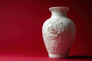 White Porcelain Vase with Floral Design on Red Background photo