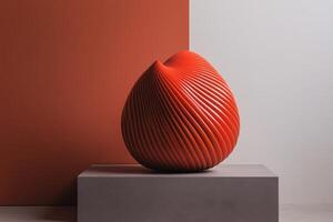 Abstract Orange Sculpture on Gray Platform with Red and White Background photo