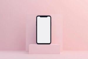 Black Smartphone on Pink Platform with Blank Screen photo