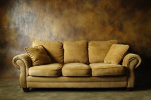 A Tan Corduroy Sofa Against a Textured Brown Background photo