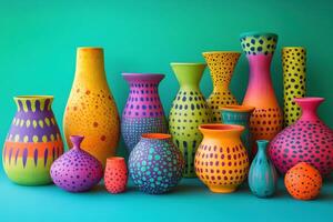 An Arrangement of Colorful Dotted Vases on a Teal Background photo