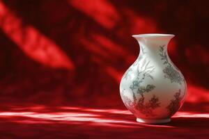 White Porcelain Vase with Floral Design on Red Fabric photo
