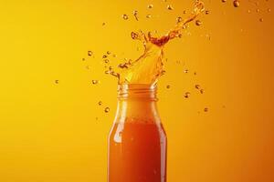 Orange Juice Splashing Out of Glass Bottle photo