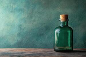 Green Glass Bottle with Cork Stopper on Wooden Surface Against a Teal Background photo