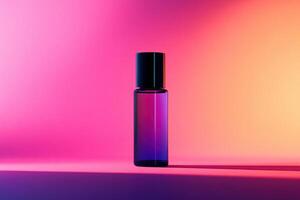 A Purple Glass Bottle with a Black Lid Against a Pink and Orange Gradient Background photo