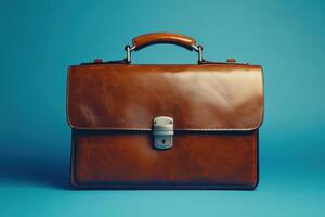 Brown Leather Briefcase with Silver Clasp on a Blue Background photo
