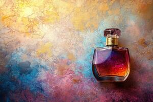 Glass Perfume Bottle with Golden Accents on a Textured Background photo
