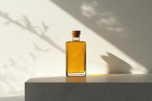 Glass Bottle of Amber Liquid on Marble Shelf with Sunlight and Shadow photo