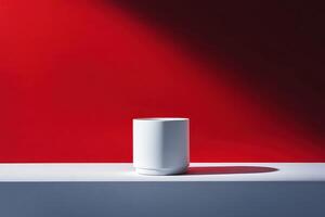 White Cylinder on a White and Gray Shelf Against a Red Wall photo