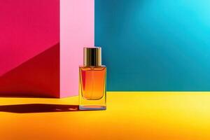 Glass Perfume Bottle on a Yellow Surface with a Pink and Blue Background photo